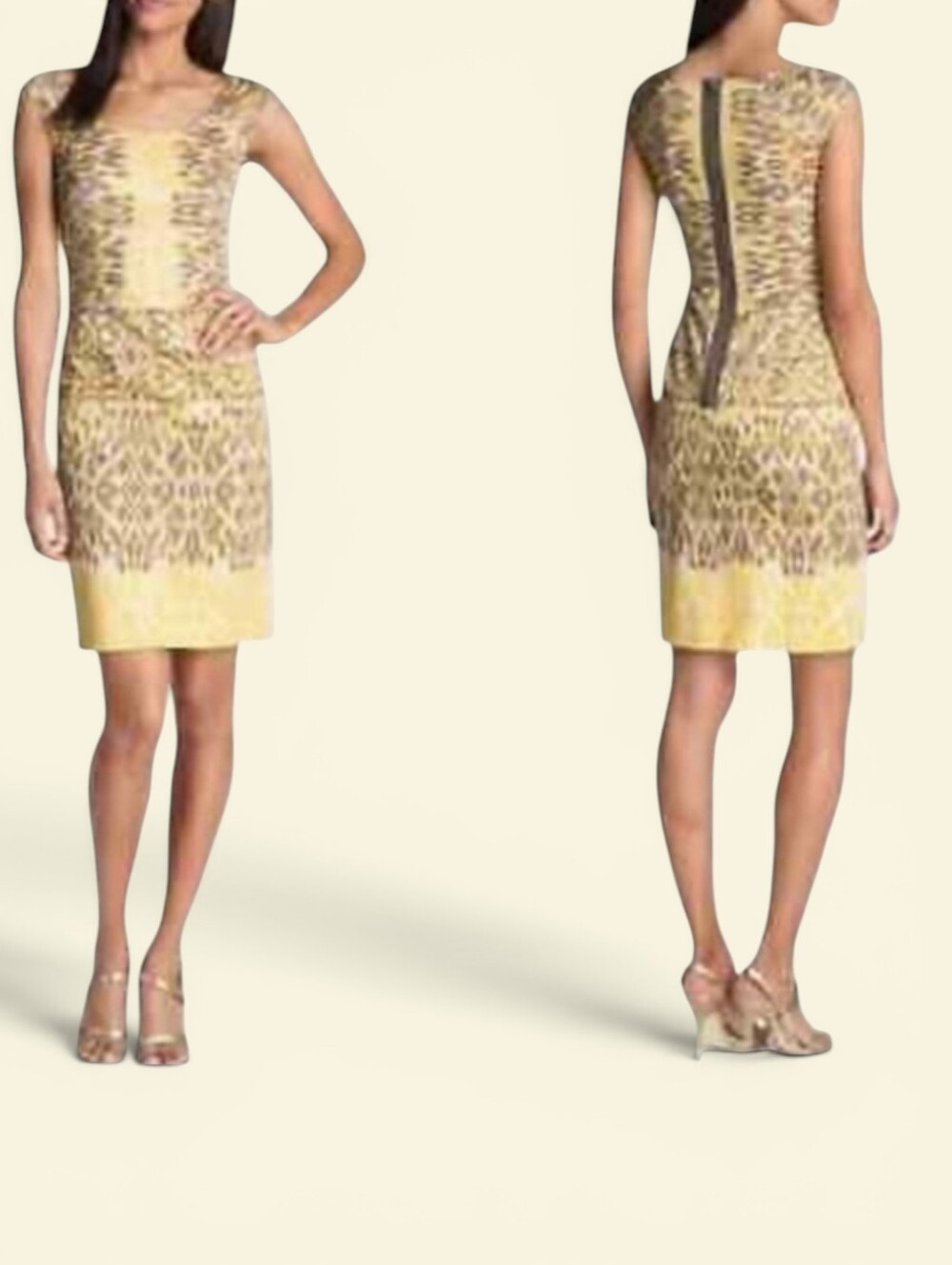 Adrianna Papell Buttery Yellow Gray Abstract Print Sheath Cocktail Dress Sz 10